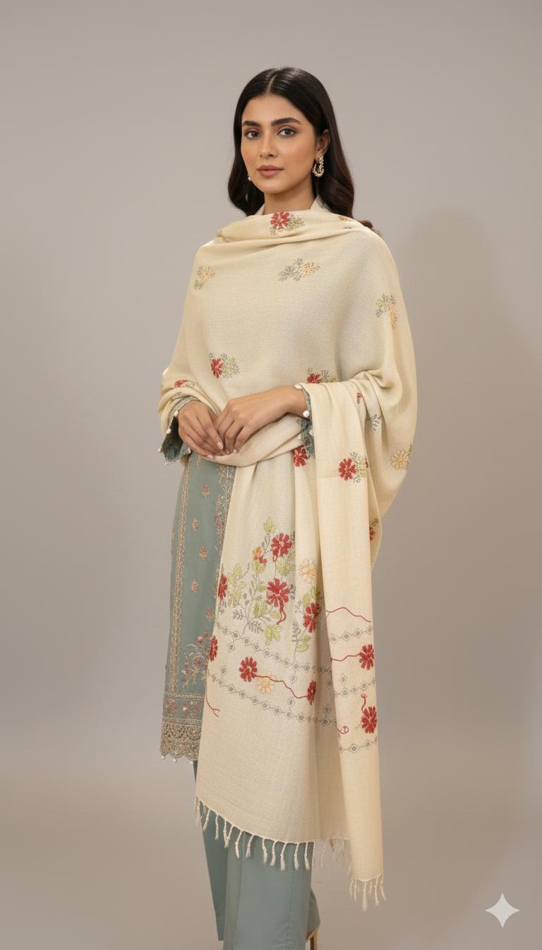 Handmade Chitrali Woolen Shawl for Women - Hand Embroidery - Image 1